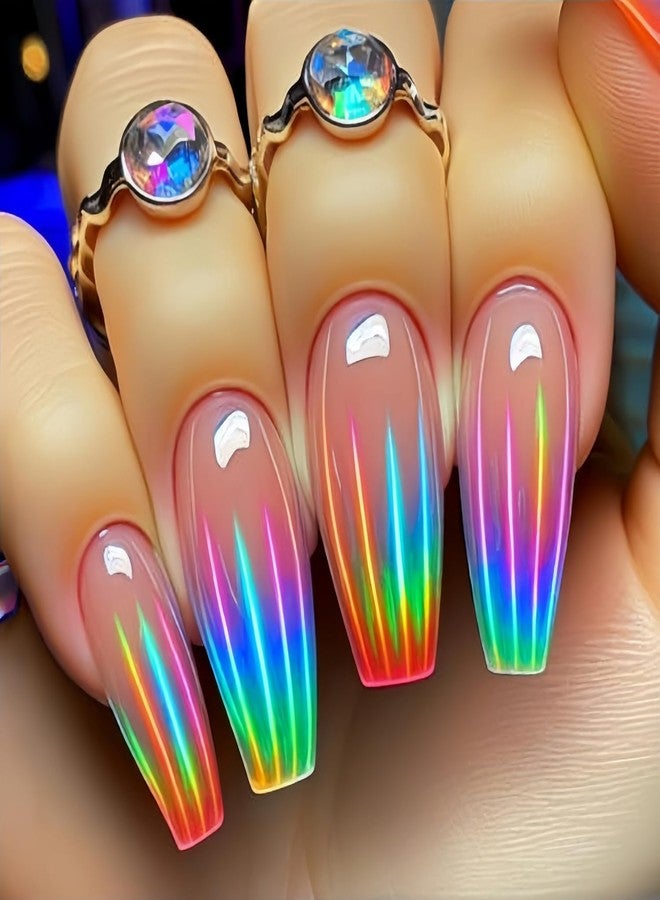CJDLTS Colorful Stripes Smudge Press on Nails Medium Length Ballet Shaped Full Cover Glossy Nude Pink Acrylic False Nail Ballet Press Ons French Artificial Fingernails DIY Reusable Glue on Nails for Women - Image 1